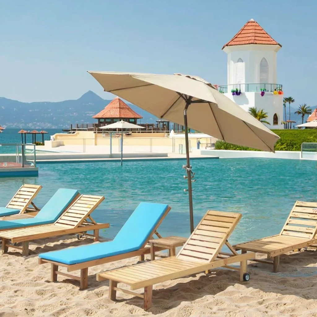 

Modern Outdoor Beach Lounger & Chair Movable Folding Wood Design for Swimming Pool & Garden Use White