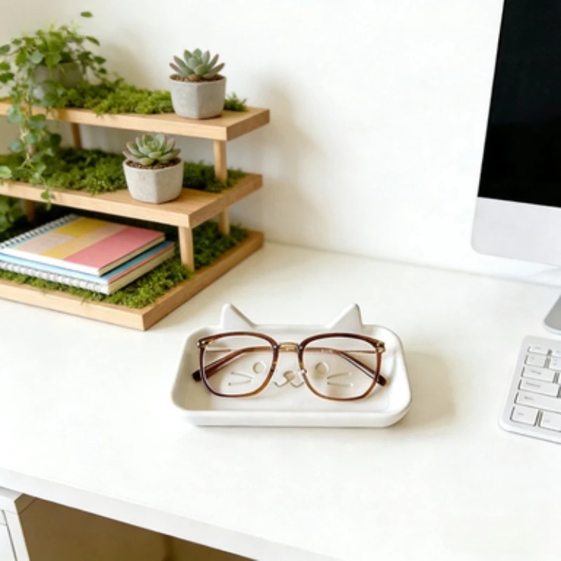 CuteCatEar Desktop Storage Tray Cat Face Pattern Jewelry Organizer Holder for Eyeglasses Bedroom Office Aesthetic Tabletop Decor