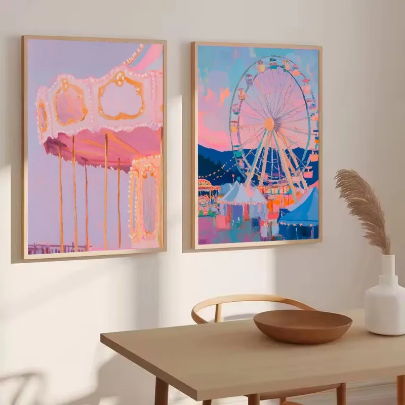 Fantasy Watercolor Ferris Wheel Carousel Amusement Park Magic Owl Aesthetic Poster Canvas Painting Wall Art Pictures Home Decor