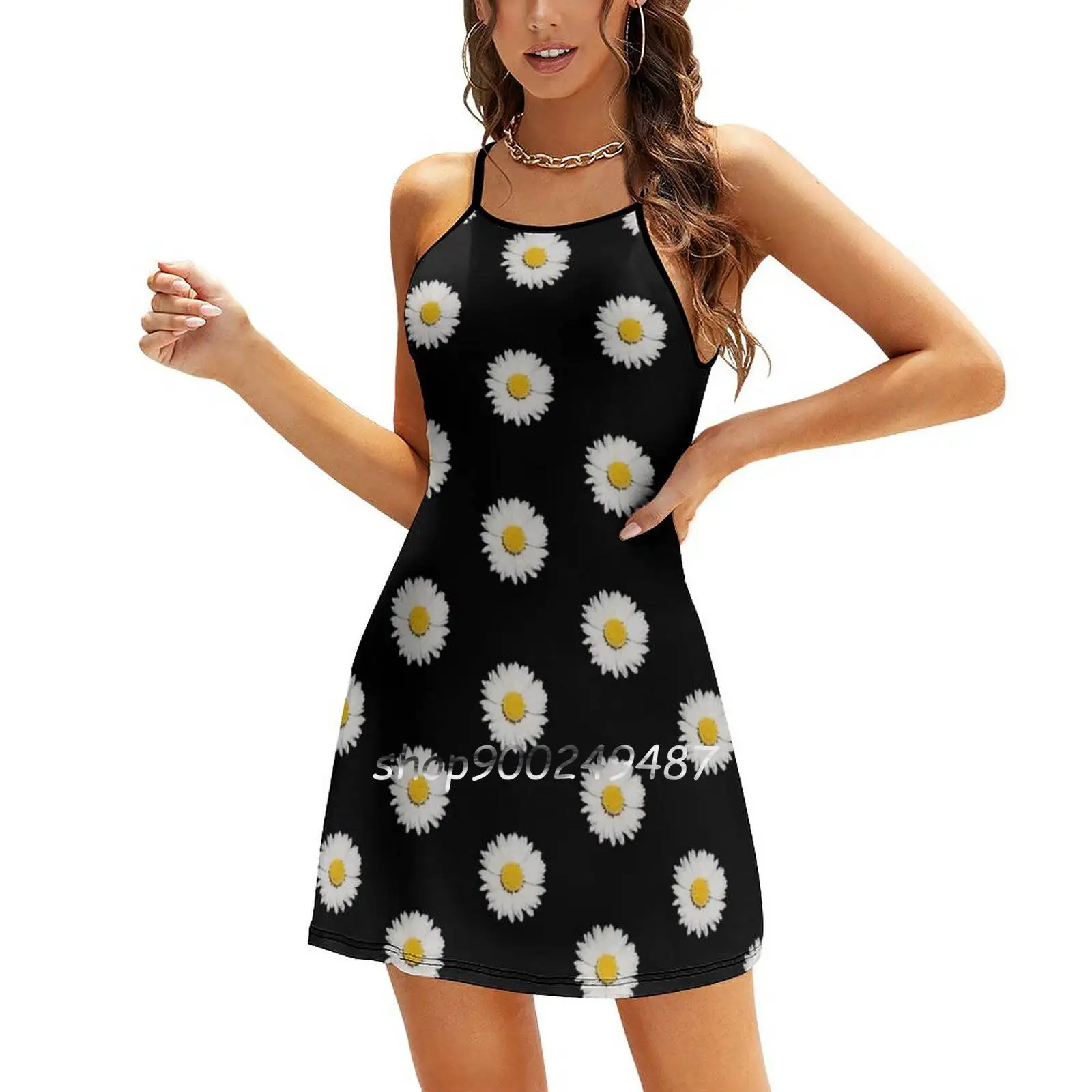 Nine Common Daisies Isolated On A Black Background Sweetheart Knot Flared Dress Fashion Design Large Size Loose Dress Yellow