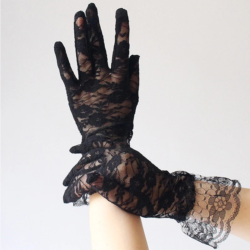 Women Sexy Lace Short Tulle Gloves Elegant Lady Lotus Leaf Sheers Gloves Ultra Thin Floral Stretchy Gloves Full Finger Mittens