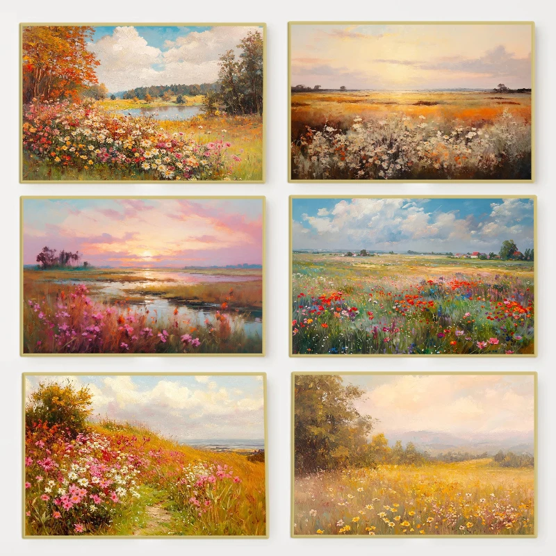 Wildblumenfeld-Landschaft Ölgemälde Poster Vintage Rustikale Stimmungsvolle Herbst-Landkrautierung Leinwandbild Wandkunst für Zimmer Heim-Deko