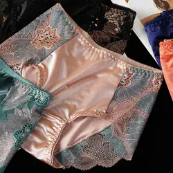 Women Seamless Panties Mid Waist Lace Flower Embroidery Women's Panties Soft Breathable Ice Silk Underwear Briefs