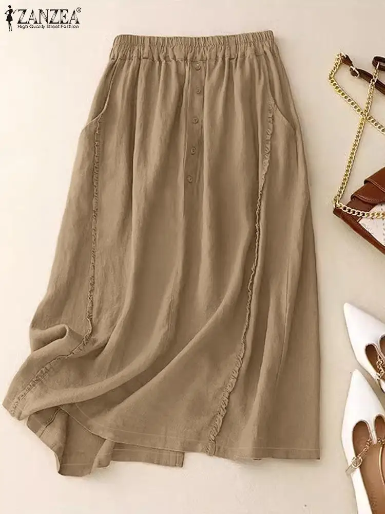 Vintage Women Skirts ZANZEA Summer Elastic Waist Midi Skirt Solid Work Sundress Casual Loose Holiday Vestidos Jupes Robe Femme