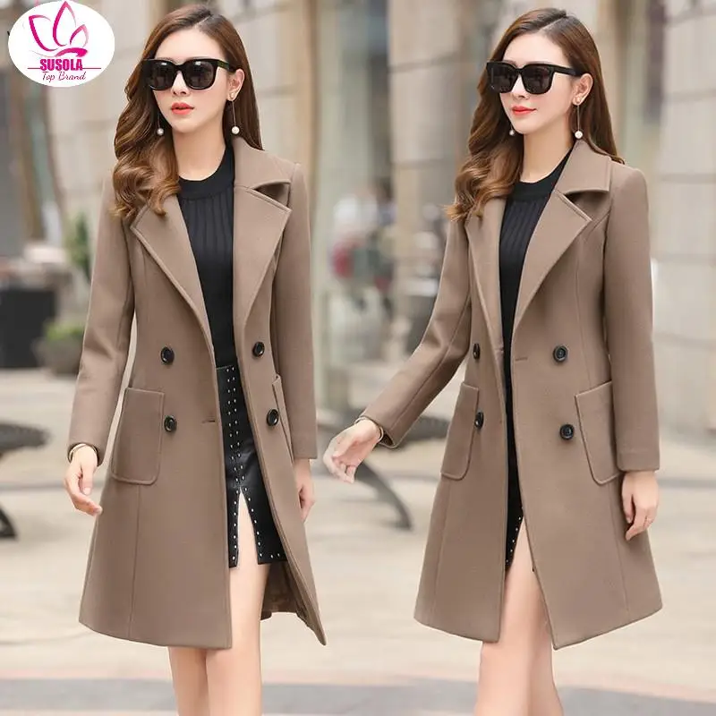 

SUSOLA Women Elegant Notched Collar Double Breasted Wool Blend Over Coat