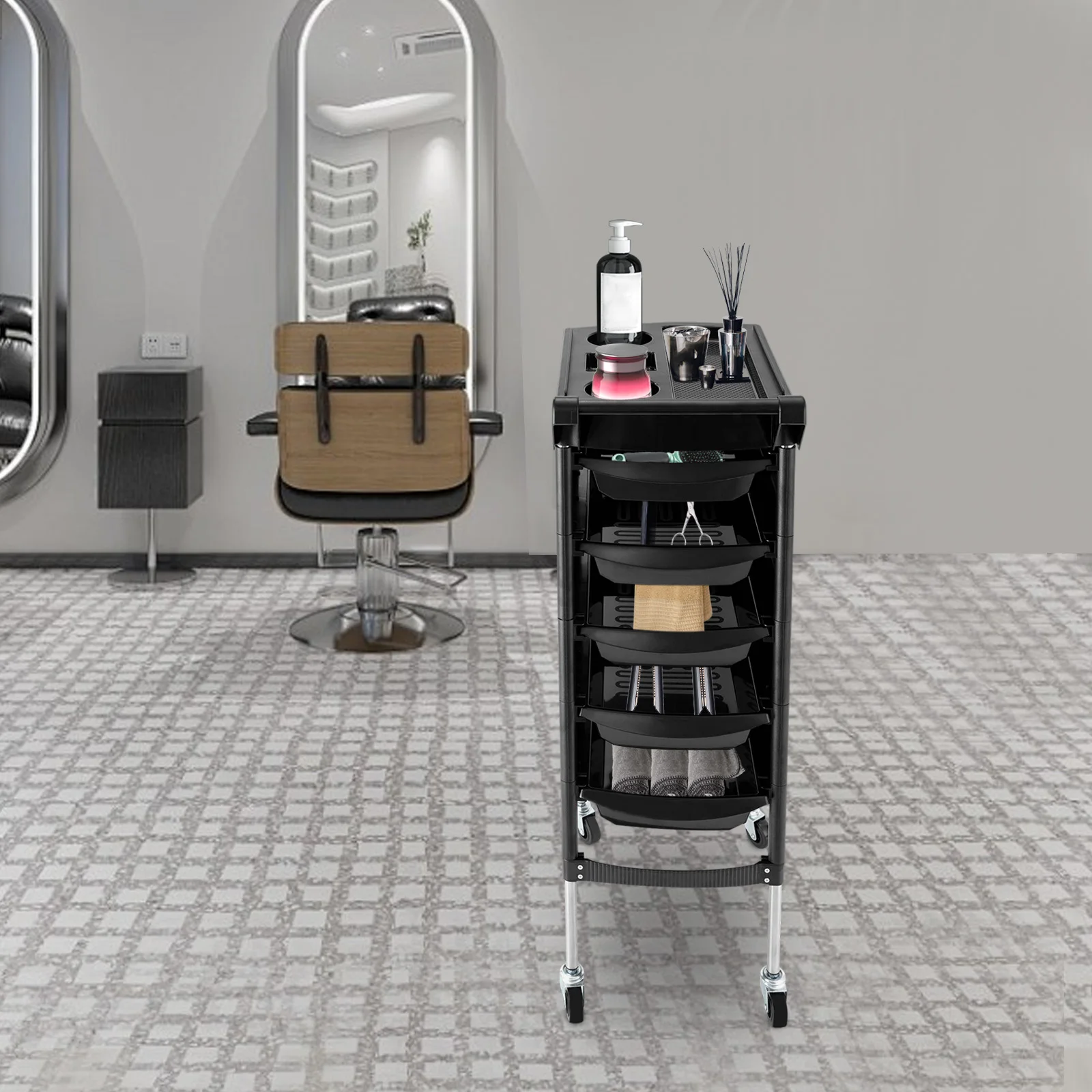 Mobile Salon Trolley Cart with 5 Pull-out Drawers, Expandable Side Trays, Ergonomic Handle, 4 Universal Wheels for Beauty Salon Barber Shop Home Storage