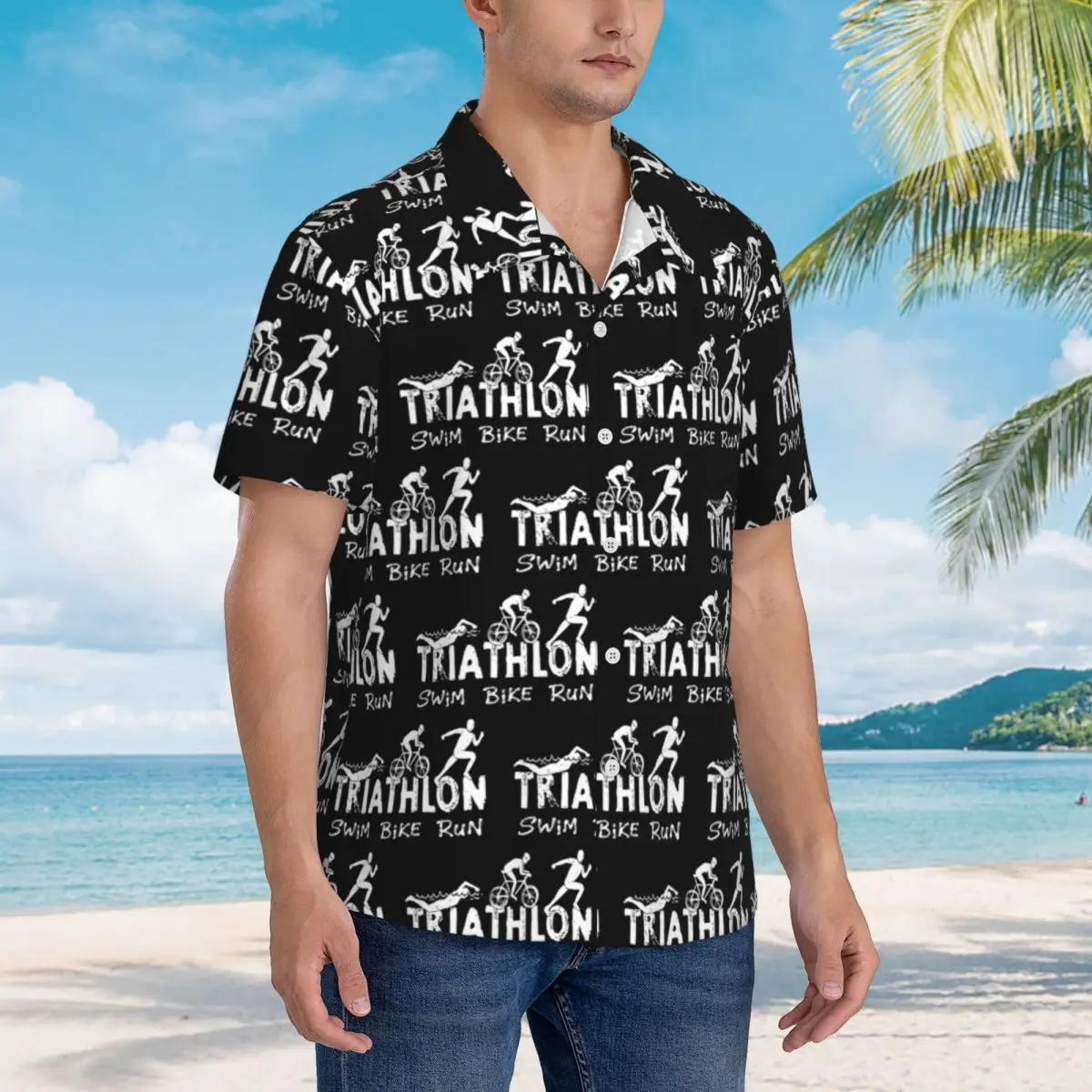 

Triathlon Swim Bike Run Athlete Hawaiian Shirts Casual Men Short Sleeve Shirt for Summer Beach Men's Lapel Tops