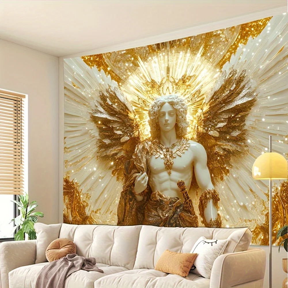 نسيج سانت مايكل أنجل الذهبي والأبيض الفاخر - تصميم سماوي معقد مع نجوم مشعة، مصنوع من البوليستر عالي الجودة