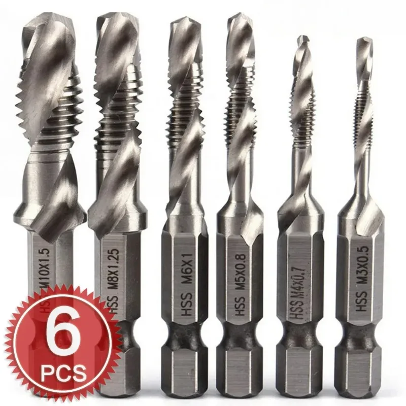 

BIESUO 6PCS Tap Drill Bits HSS4341 Woodworking M3/M4/M5/M6/M8/M10 Metric Combination Screw Thread Tap Drill Bits