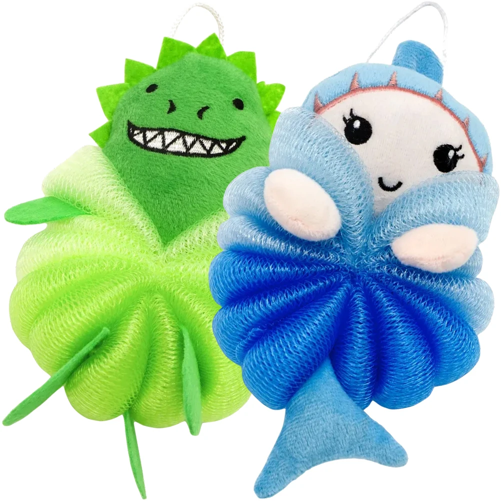 

2pcs Bath Ball Kids Shower Sponge Cartoon Loofah Green Dinosaur Blue Mermaid Polyethylene Body Scrubber Bath Supplies