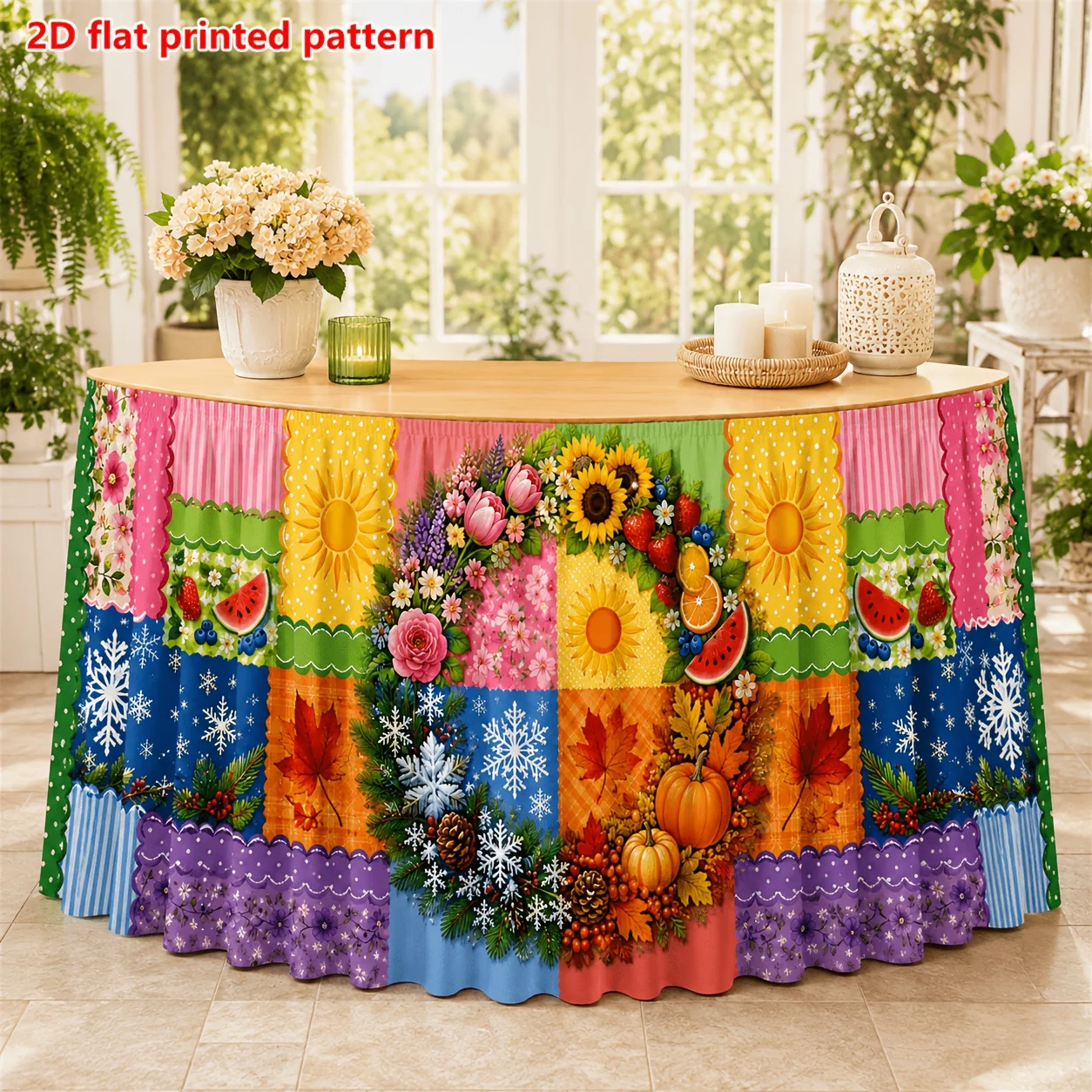 One tablecloth or table skirt. Polyester four-season patchwork printed table skirt. Fruit, pumpkin, snowflake, maple leaf.
