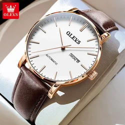 OLEVS 5882 Mens Watch Luxury Fashion Brand Automatic Mechanical Dual Calendar Watch Waterproof Leather Strap Watches For Men