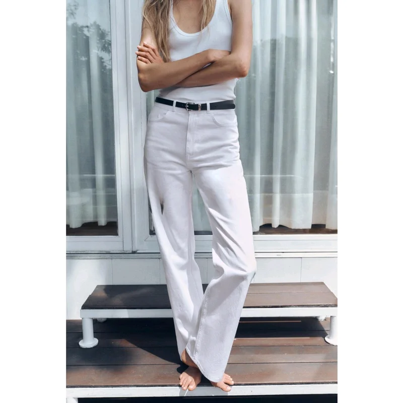 

Summer New Arrival Women's mat Sle Five ket Decorated White Cotton High Waist Straight Leg Denim Jeans