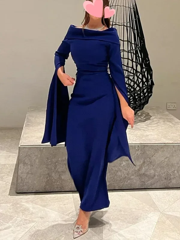 Scoggins Elegant Long Crepe Royal Blue Evening Dresses Sheath Pleated فساتين سهرة Prom Dress Ankle Length платье на выпускной пл