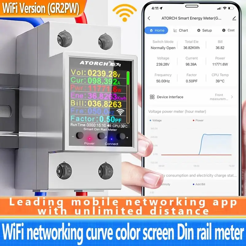 100a tuya wifi din ferroviário medidor de energia AC50-320V medidor de eletricidade inteligente display digital monitor curva tensão amperímetro gr2pw