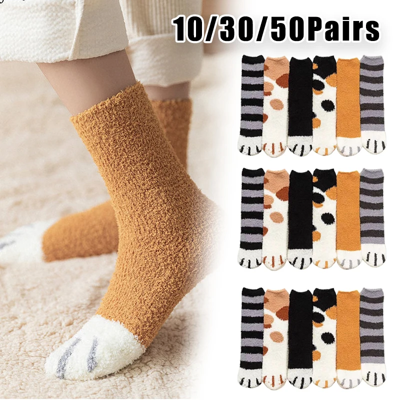 Winter-Damen-Fleece-Socken mit mittlerer Wade, süßes Katzenpfoten-Design, ultraweiche, warme Haus-Schlafsocken, Umstandsmode