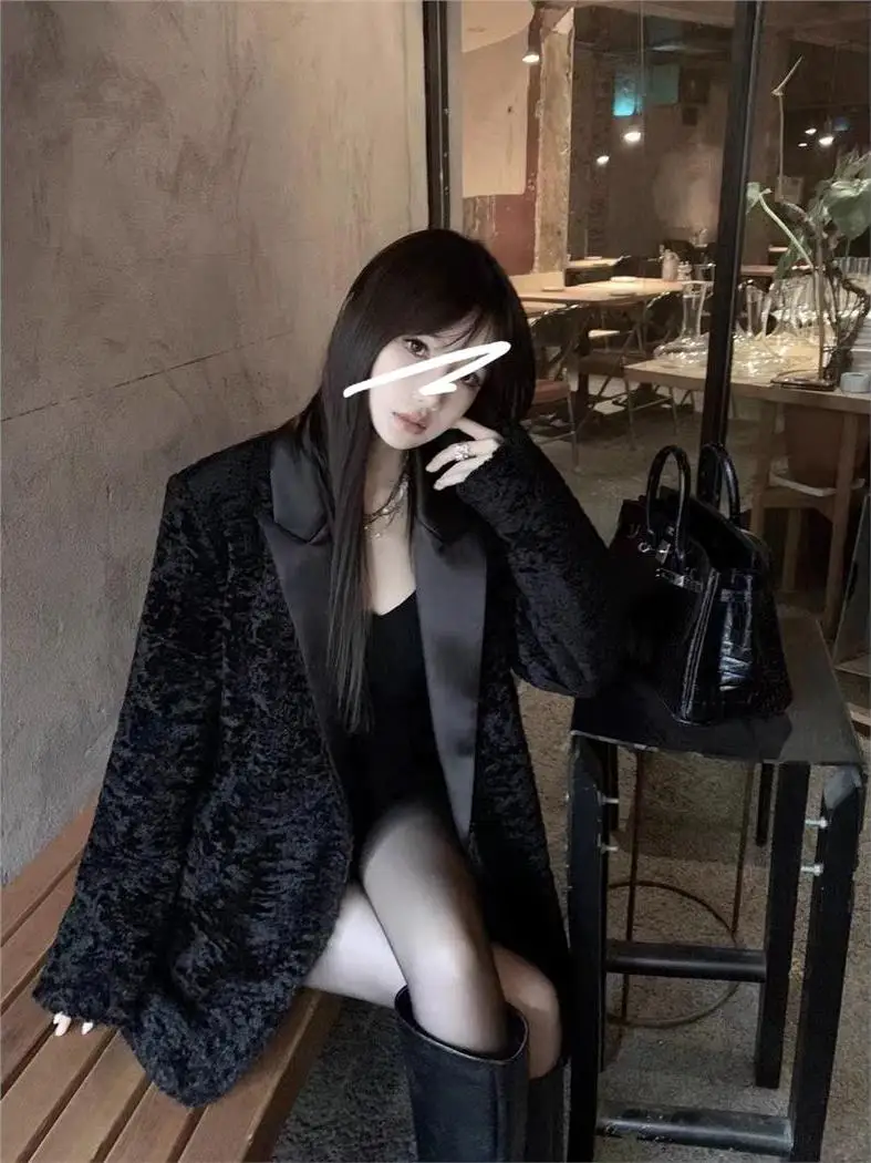 

Женское пальто Ele Bla из бархата с тяжелой отделкой, отложным воротником и искусственным мехом, роскошное, свободного кроя, повседневное, с длинными рукавами