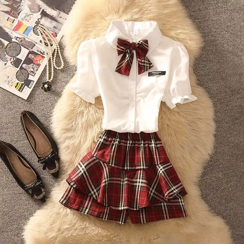 

Summer 2026 New Style College Uniform Shirt Skirt Set Women's Fashion Two-Piece Suit Short Sleeve Collar Plaid Pattern