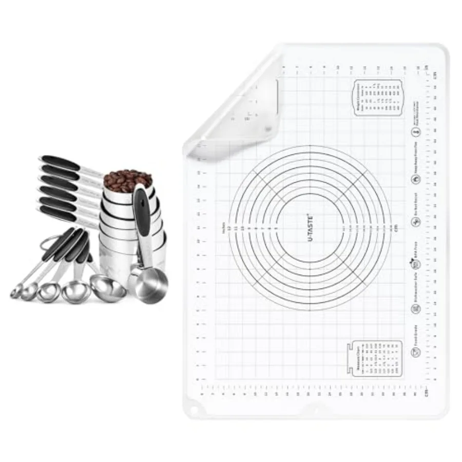 

Мерные стаканчики и ложки из нержавеющей стали 18/8 (набор из 12 шт., черный), и большой силиконовый коврик для кондитерских изделий размером 20 x 28 дюймов, пищевой антипригарный