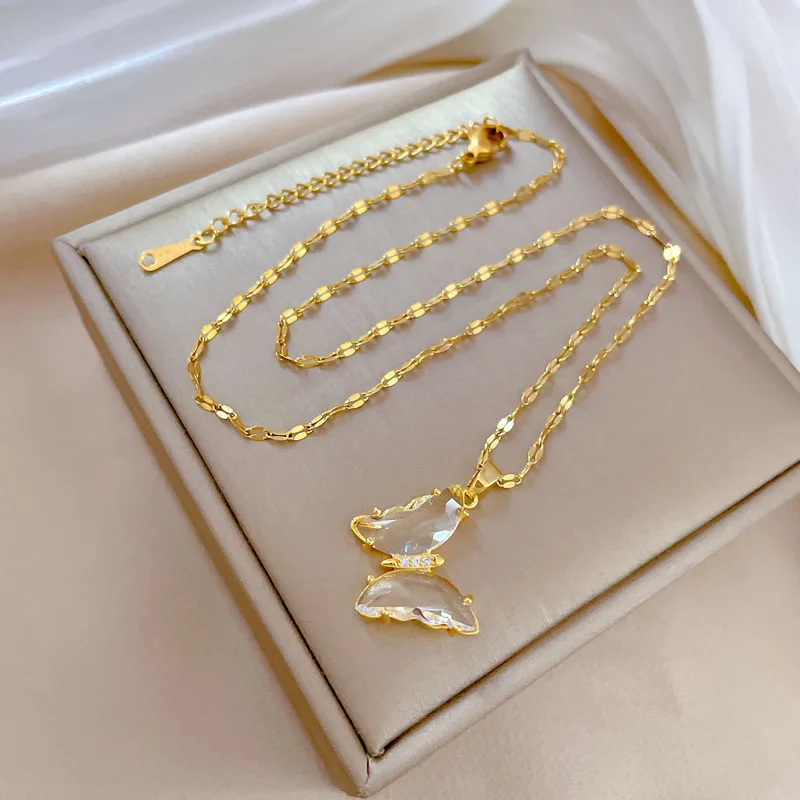 Exquisite Halskette mit Mikro-Zirkon-Intarsien, Schmetterlings- und Quastenanhänger für Damen, Edelstahl-Herz-Muschel-Anhänger, Hochzeitsschmuck – Detail 8