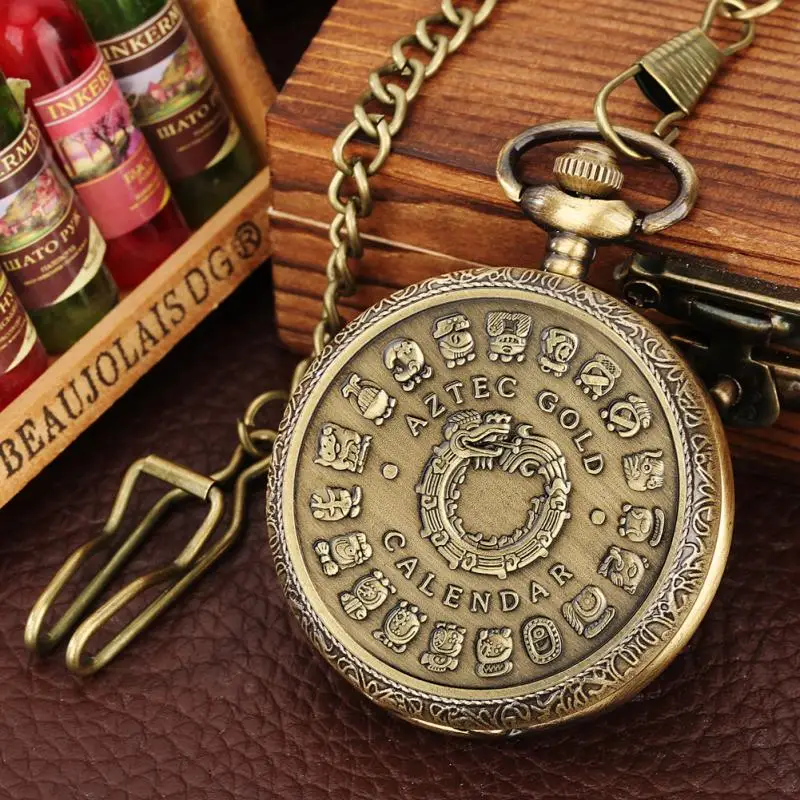 

Mexican Maya Aztec Calendar Art Prophecy Culture Gold Bronze Plated Coin Quartz Pocket Watch with 80cm Necklace/38cm Waist Chain