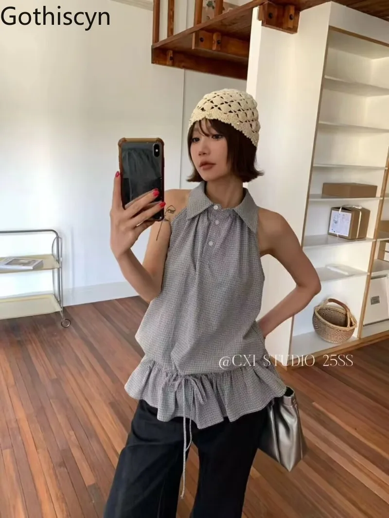 

Gothiscyn Plaid Drawstring Polo-neck Vest for Women's Summer Casual Loose Fungus Edge Vest Top Fashion Female Clothes