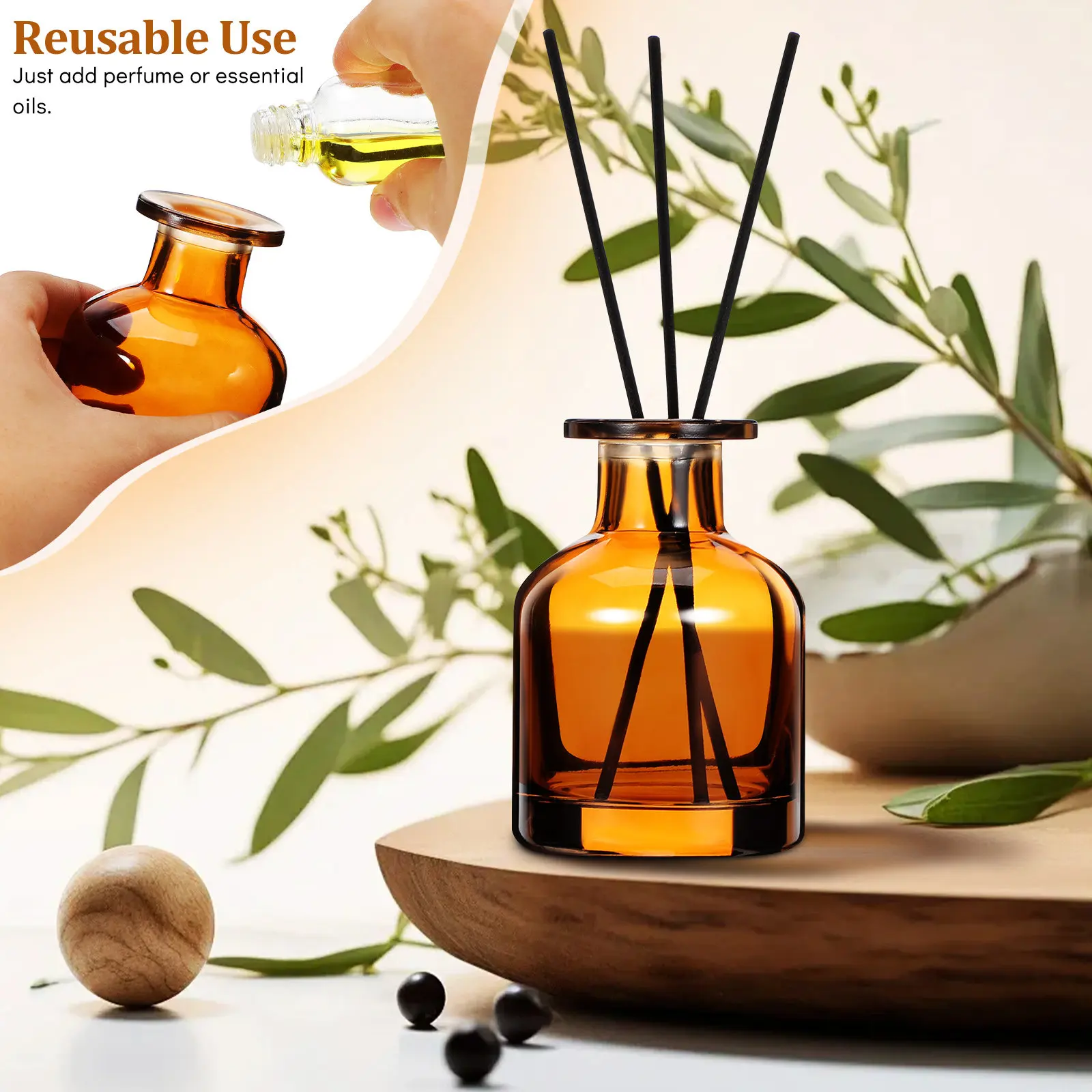 

2Pcs Home Fragrance Diffuser Refillable Glass Reed Diffuser Bottle Empty Aroma Diffuser Reusable Essential Oil Holder For Office