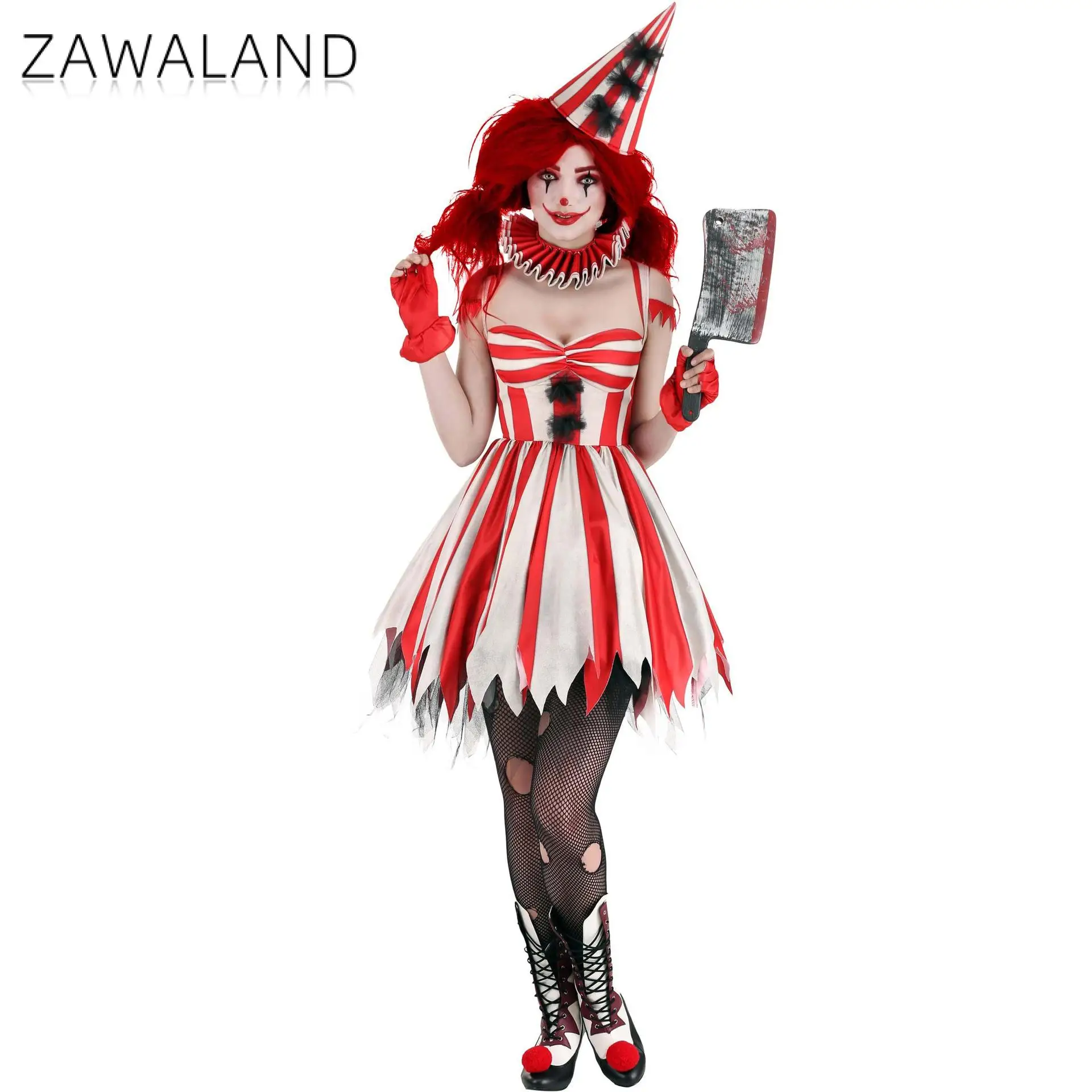 Zawaland Halloween Clown Costumes Woman Cosplay Dresses Diamond Print Red Suits Carnival Party Clothes Lady Fancy Disguise Wear