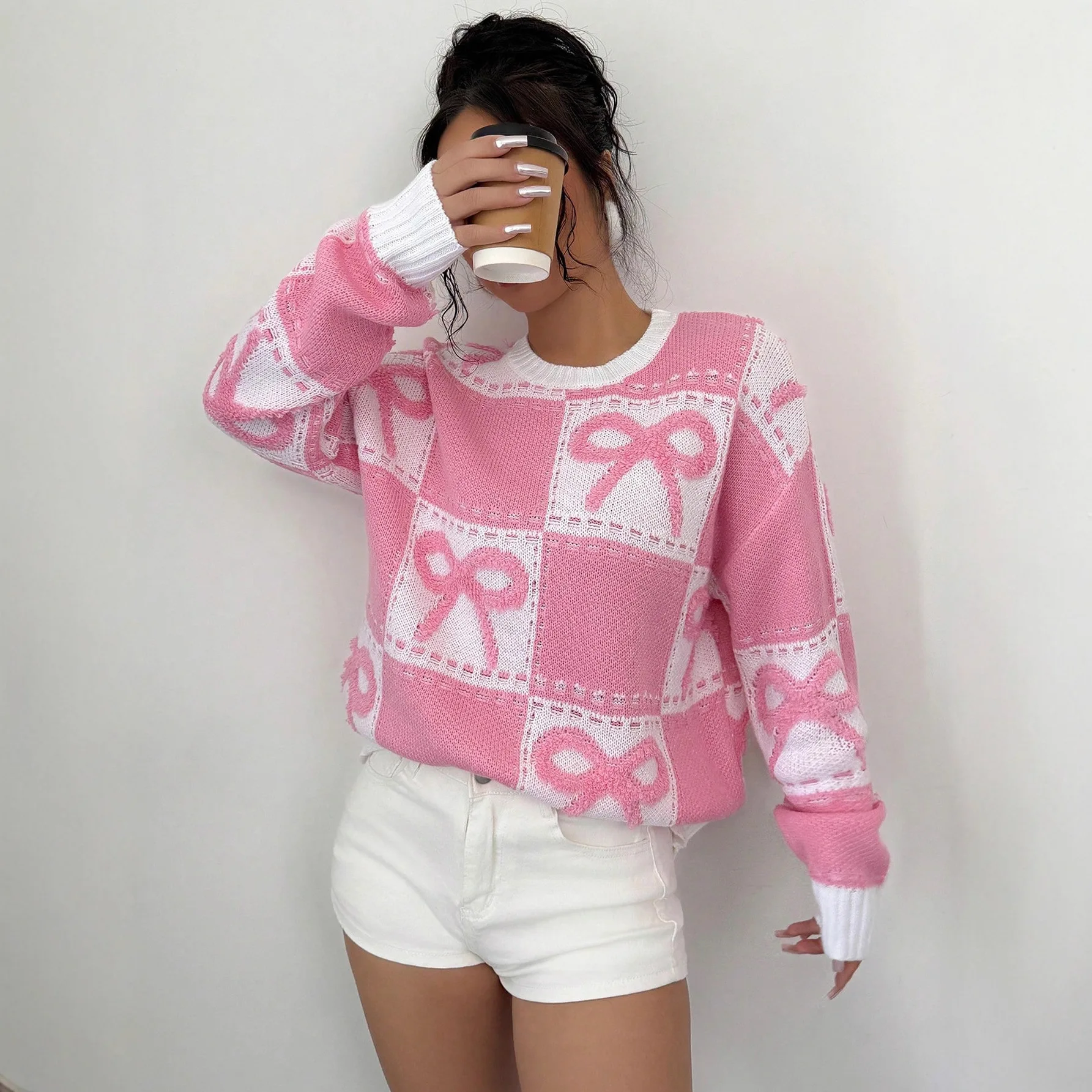 

Christmas Fashion Pink Plaid Bow Knitted Top 2025 Autumn Casual Round Neck Long Sleeve Loose Sweater Commuting Women's Clothing