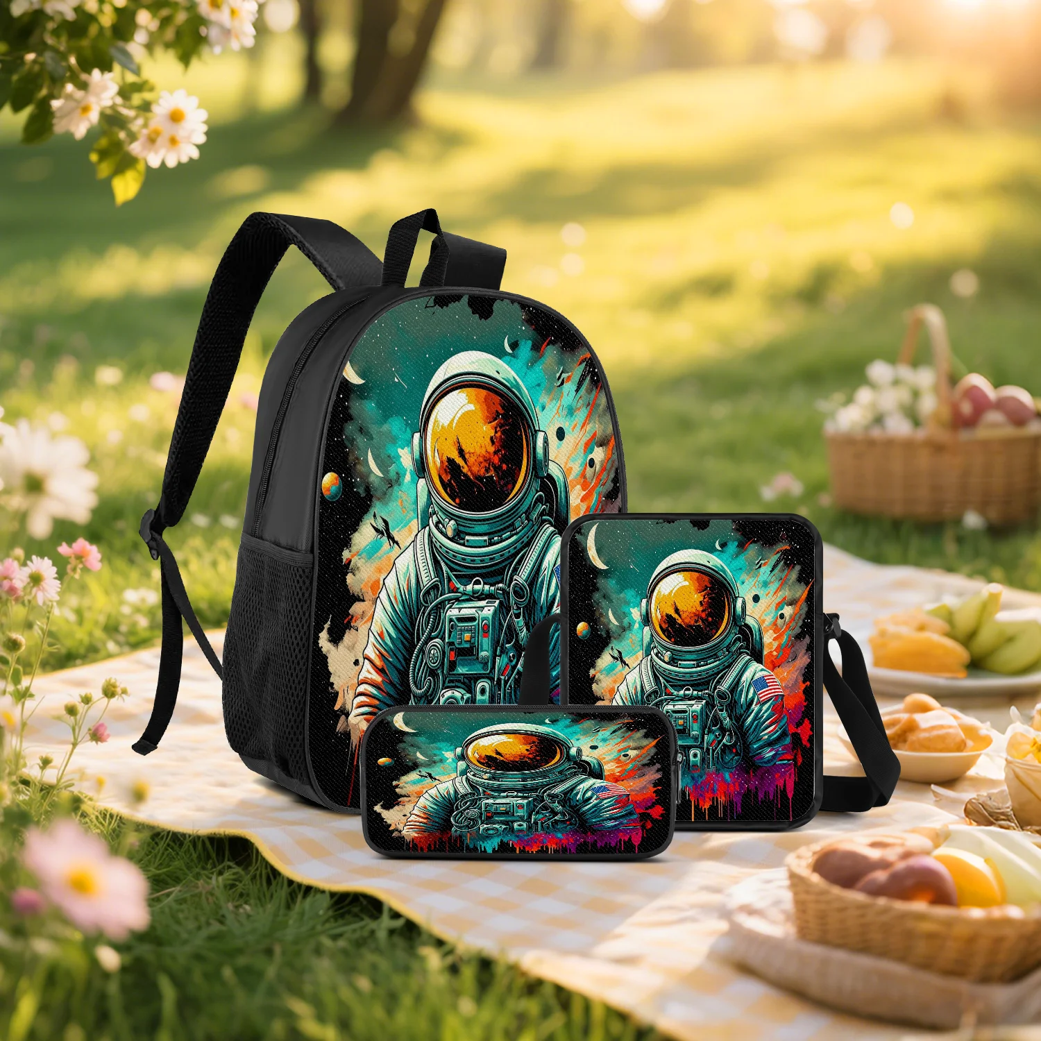 3-Piece Graffiti Space Astronaut Print Backpack Set, Includes Backpack, Crossbody Bag and Pencil Case, Lightweight Unisex