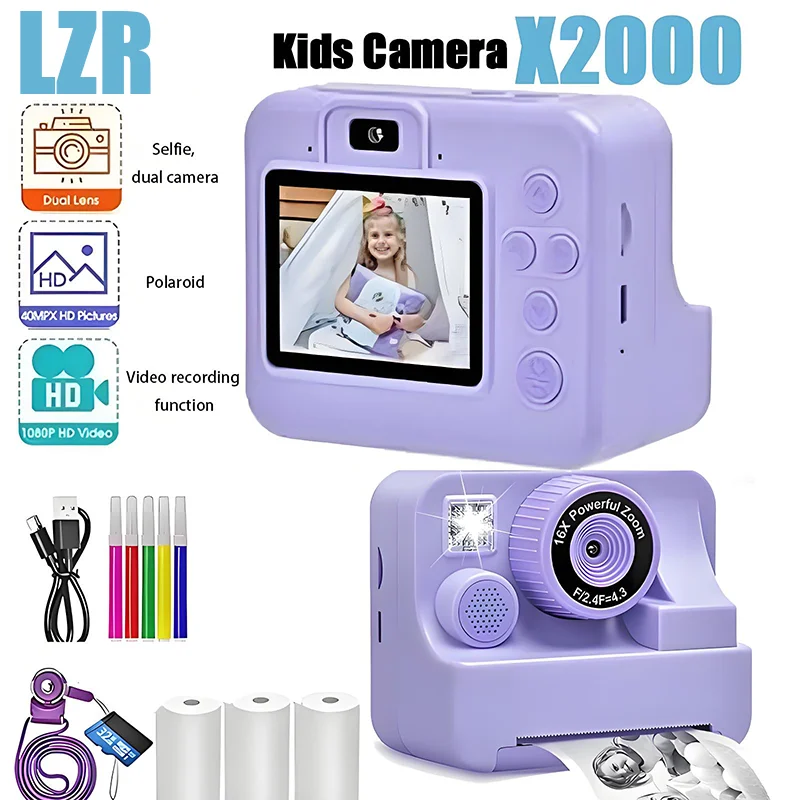 

Thermal Instant Print Camera With 32G Card 3 Rolls Paper 1080P Children Digital Video Camera Educational Kids Girl Birthday Gift