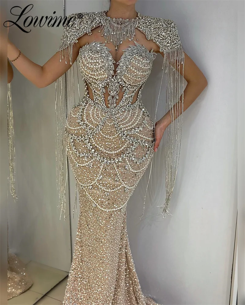 Lowime 2024 Champagne Arabic Dubai Evening Dress Luxury Crystal Tassels Mermaid Prom Dresses Robes De Soirée 2 w 1 Party Gowns