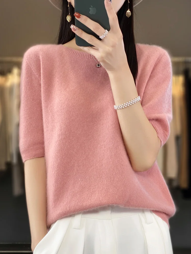 

100% pure wool T-shirt spring and summer new women's O-neck pullover short sleeve loose five-sleeve sweater high-end top