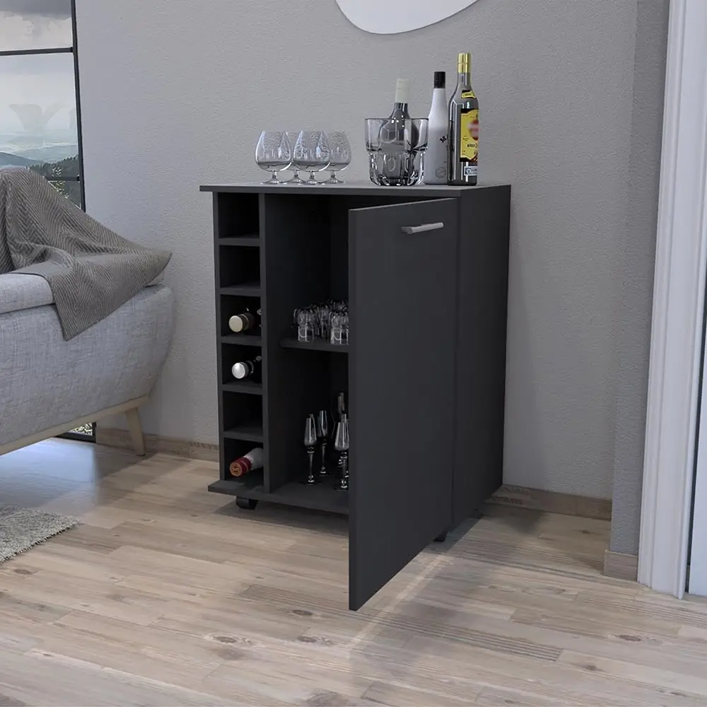 Black Wood Bar Cart with Wheels, Single-Door Wine Cabinet, 6-Bottle Holder, 25.8x14.7in Top, Casters, Customized