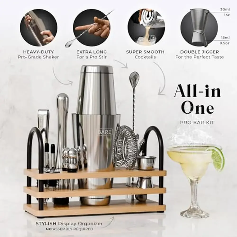 Mixology Bartender Kit Bar Set 14-Piece Bamboo Cocktail Shaker Tool Martini Barware Mixing Home Bartending Recipe Cards 35