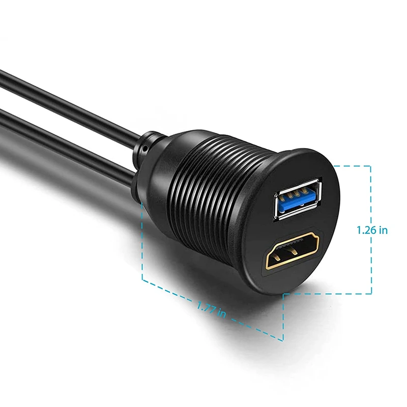 USB 3.0/2.0 And 4K HDTV Extension Data Cable Flush Mount Panel Cord For Car Yacht Boat Motorcycle Dashboard Waterproof Cord 1m