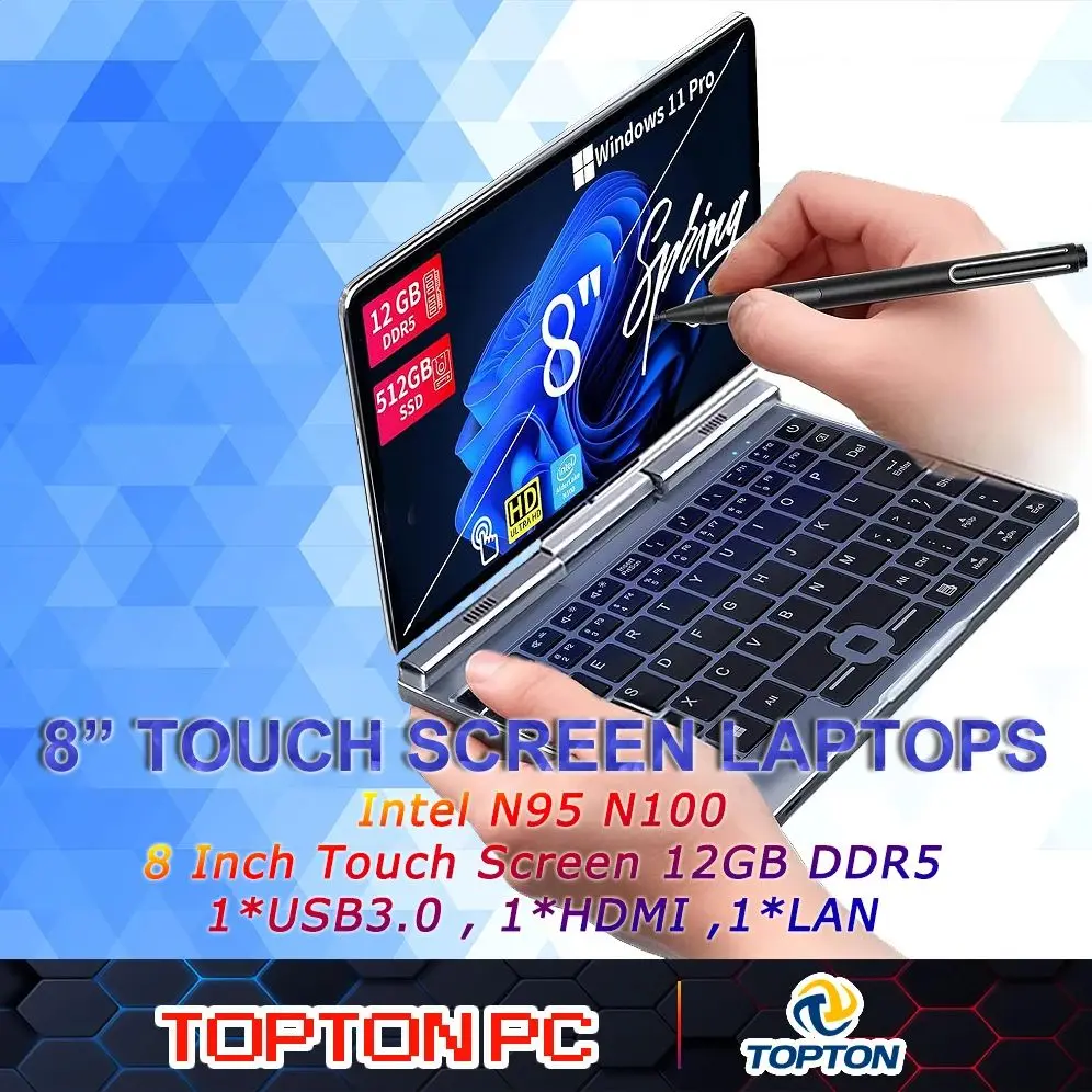 Mini Laptop 8 inch HD Touch Screen Mini Computer Windows 11 Pro Intel N100 4 Cores 2-in-1 Pocket PC 12GB LPDDR5 RAM 1TB M.2 SSD