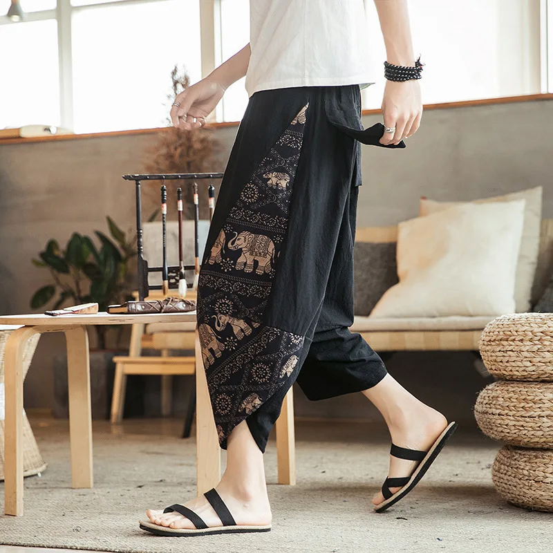 2024 Ethnic Style Harem Pants Mens Jogging Pants Sweatpants Japanese Street Men Pants Work Elephant Stitching Calf-length Pants
