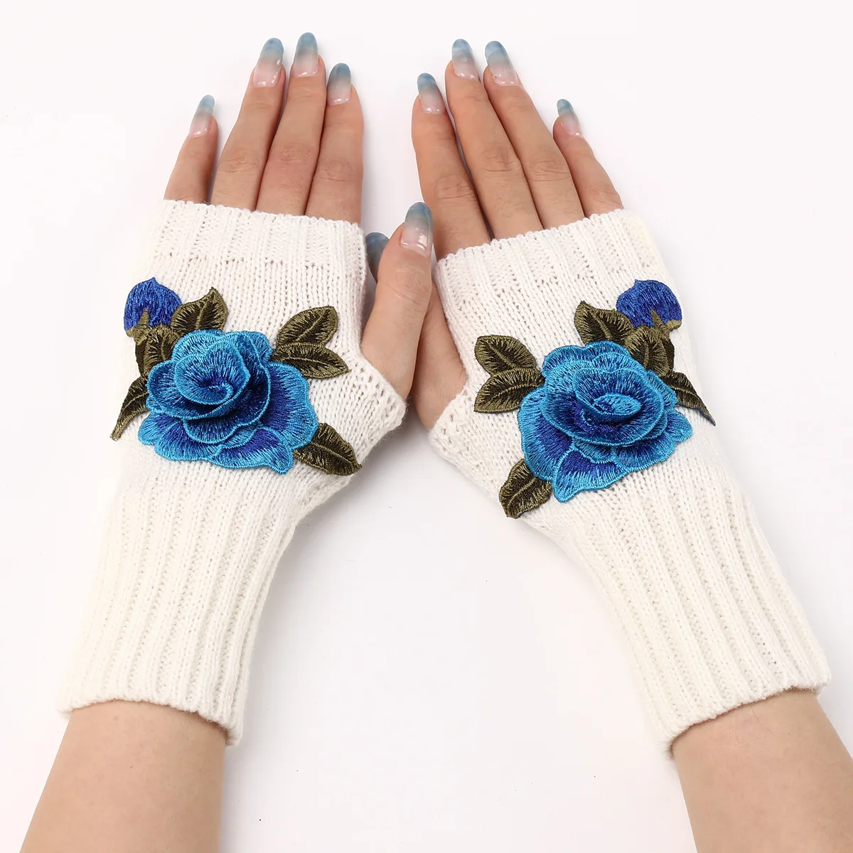 2024 New Autumn Winter Women\'s Short Fashion Embroidered Flower Gloves Knitted Wool Sleeves Warm Mittens Fingerless Gloves Women