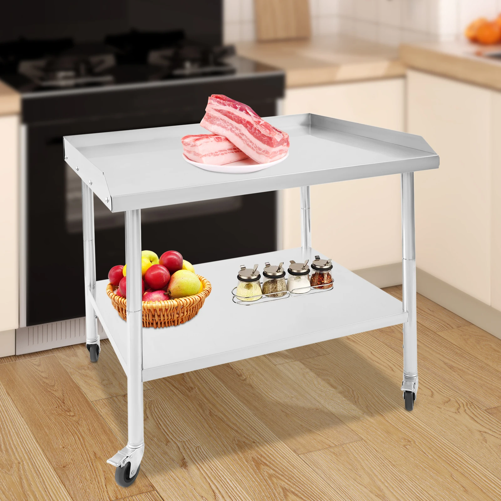 Mesa de trabalho moderna prateada de 2 camadas, 91*76*76cm, mesa de trabalho de aço inoxidável, mesa de preparação comercial de chão com 4 rodas