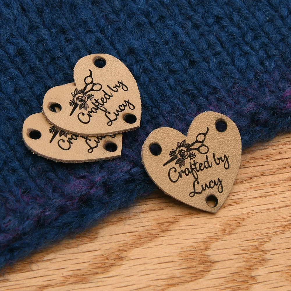 Laser Engraved Labels, Knitting Labels, Genuine Leather, Crochet Tags, Custom Logo, Sewing Tags, Heart, D522