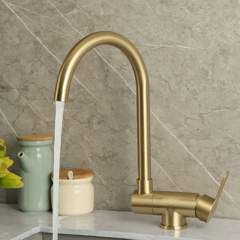 Brushed Gold Inner Window Free Folding Kitchen Faucet 360 Degree Rotate Foldable Tap