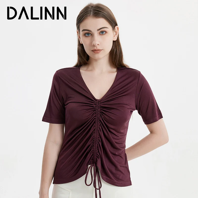 

Woman Casual Shirring T Shirts 30%Silk 70%Viscose V Neck Short Sleeves Silk Tee 2023 Spring Summer New Bottoms Top Khaki DALINN