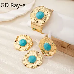 Jewelry Set for Women Retro Bohemian Turquoise Beaded Bangles Earring Ring Fashion Open Cuff Bracelets Vintage Female Gift