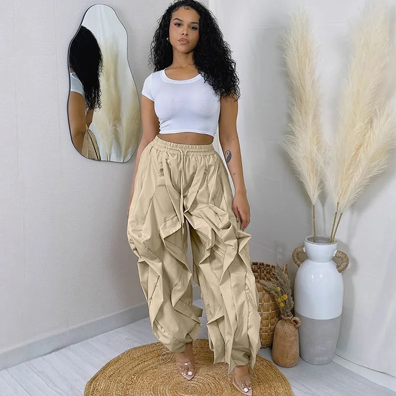 

Брюки-фонарики с волнистыми оборками, женские шаровары Y2K, свободные свободные брюки с высокой талией и шнурком в стиле Харадзюку, модные женские брюки для бега