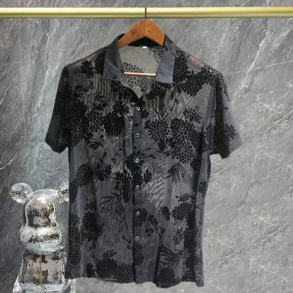 

Transparent Short Sleeve Sexy Shirt Top Blouse Social Club Outfits Party Designer Shirt Peony Flower Pattern Velvet Shirt Men