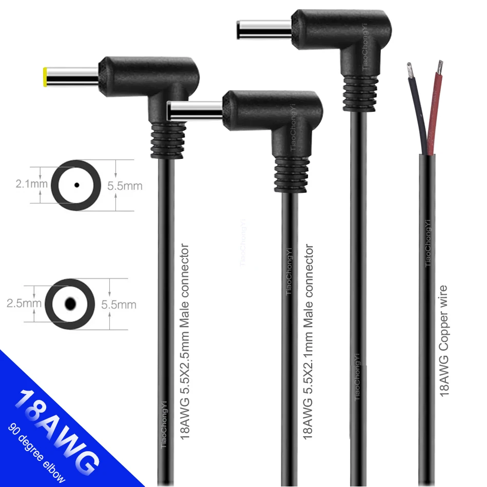 Złącze 18AWG pod kątem prostym 90 stopni 5,5 x 2,5 mm 5,5 x 2,1 mm wtyk męski DC kabel zasilający adapter przedłużacze 29 cm