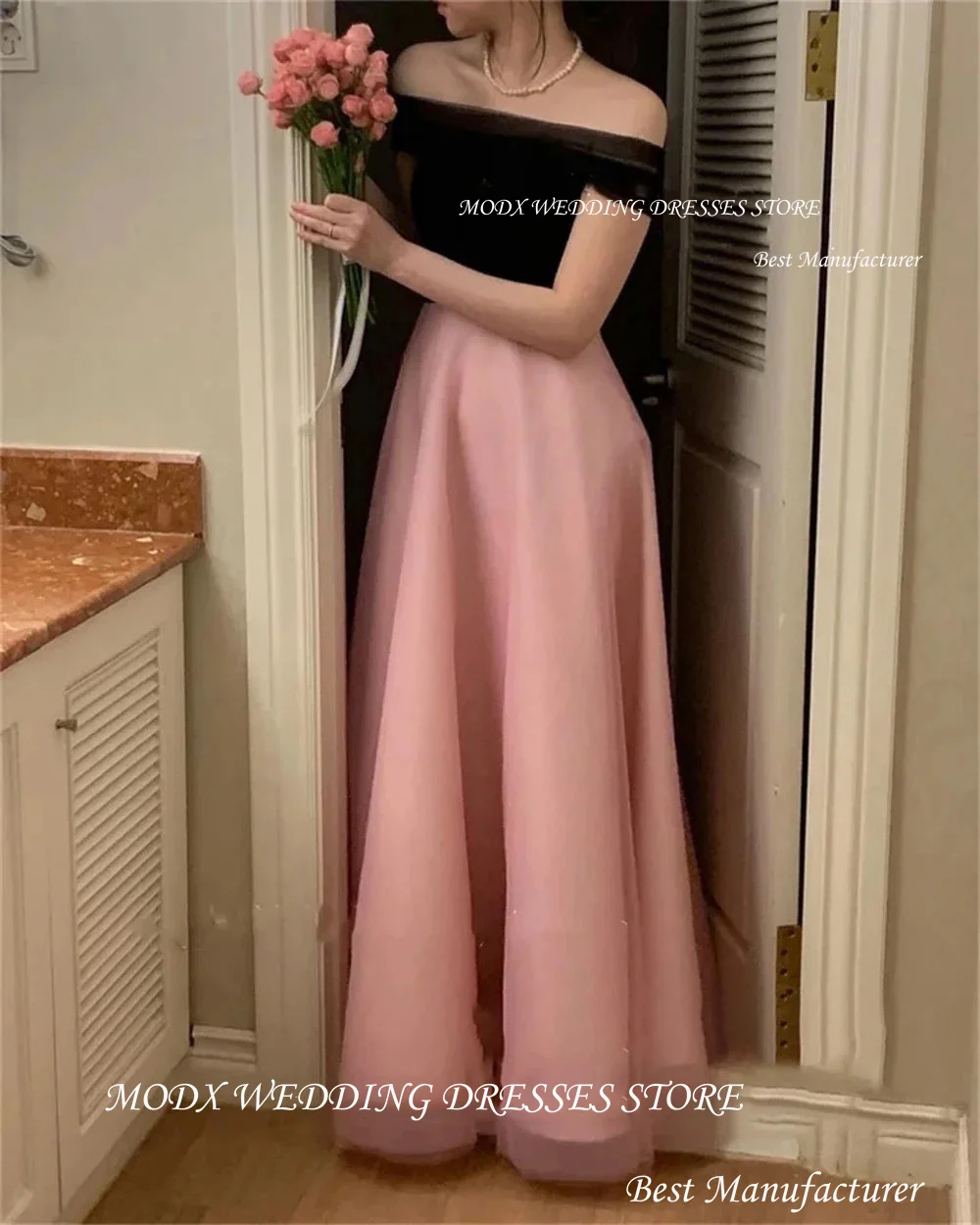 MODX فساتين الحفلات المسائية الكورية باللون الأسود والوردي على شكل حرف A بدون حمالات لصور الزفاف بدون أكمام بدون ظهر مشد للحفلات الراقصة #3