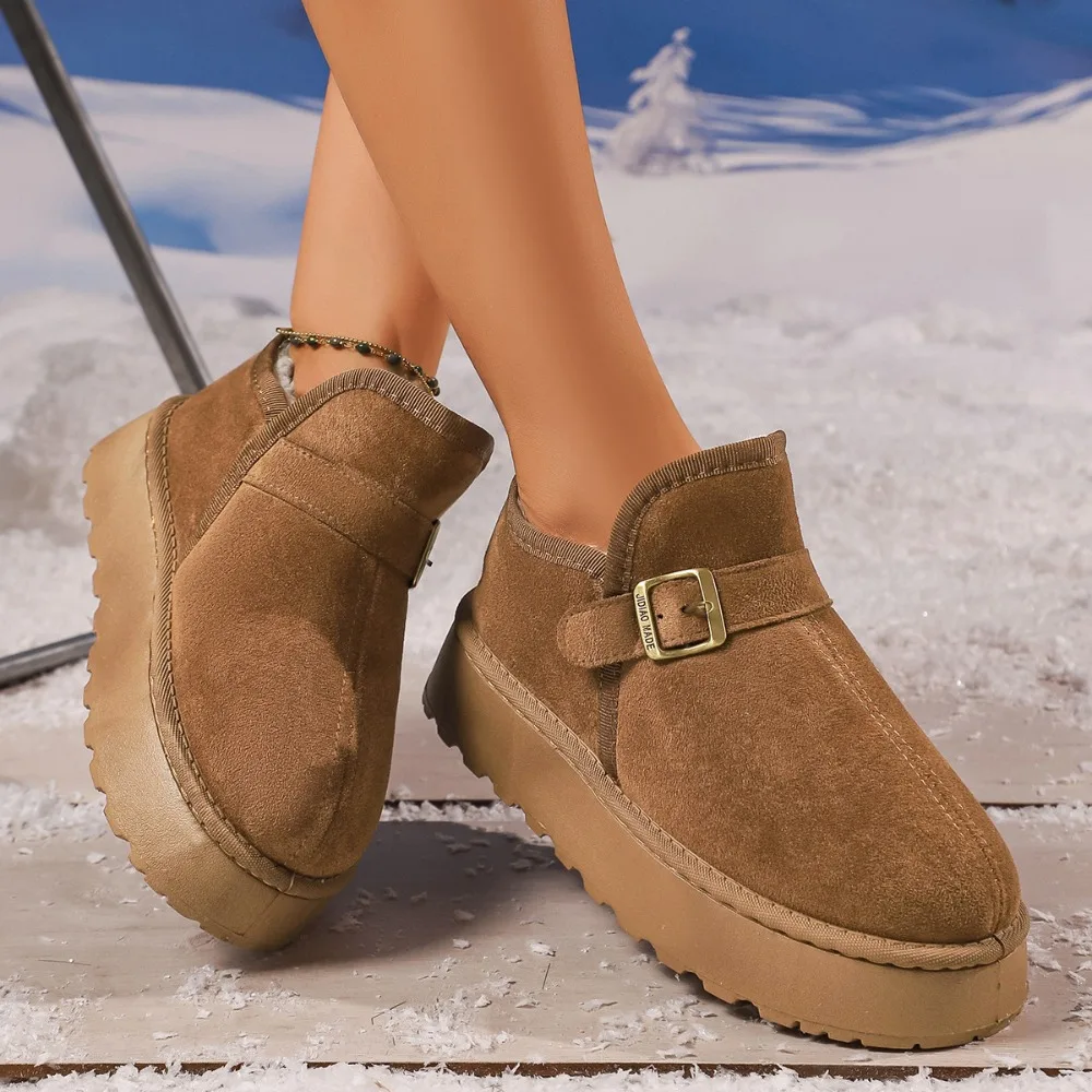 Women's Winter Snow Boots Thick Bottom Fleece Lined Belt Buckle Northeast Big Cotton Shoe Short Bread Shoe Short Boot view 4
