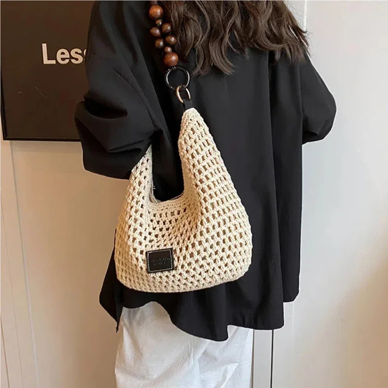 Women's Summer Fashion Hollow Knitted Handbag Ladies Casual Beach Vacation Beach Woven Bags Female Large Capacity Shoulder Bag